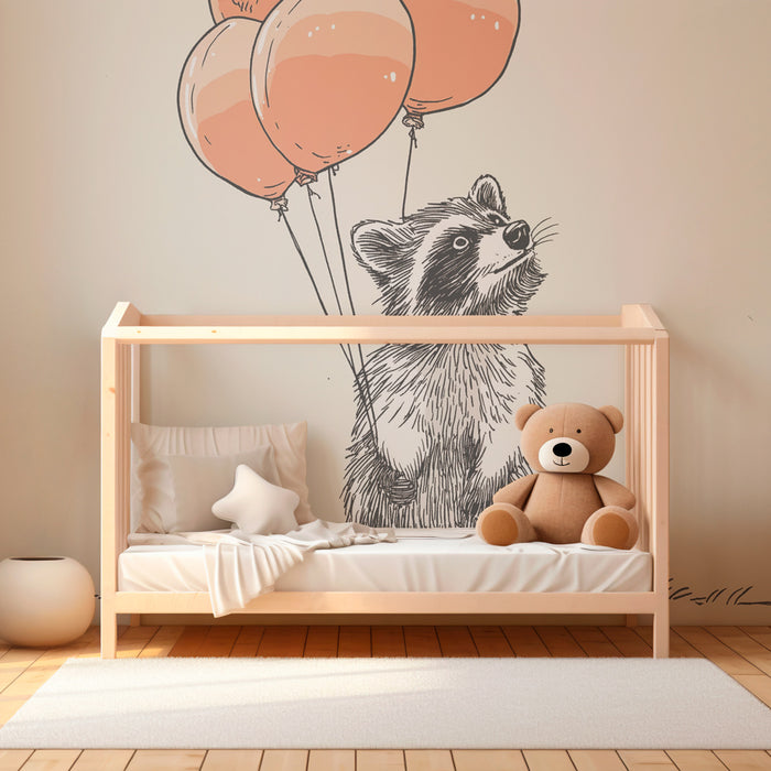 Papier peint chambre enfant | Raton laveur et ballons roses