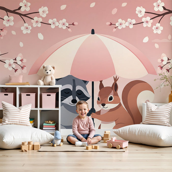 Kinderzimmer Tapete | Waschbär und Eichhörnchen unter einem blumigen Regenschirm