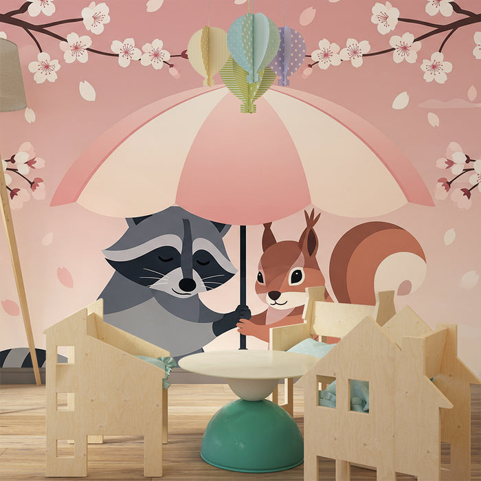 Kinderzimmer Tapete | Waschbär und Eichhörnchen unter einem blumigen Regenschirm