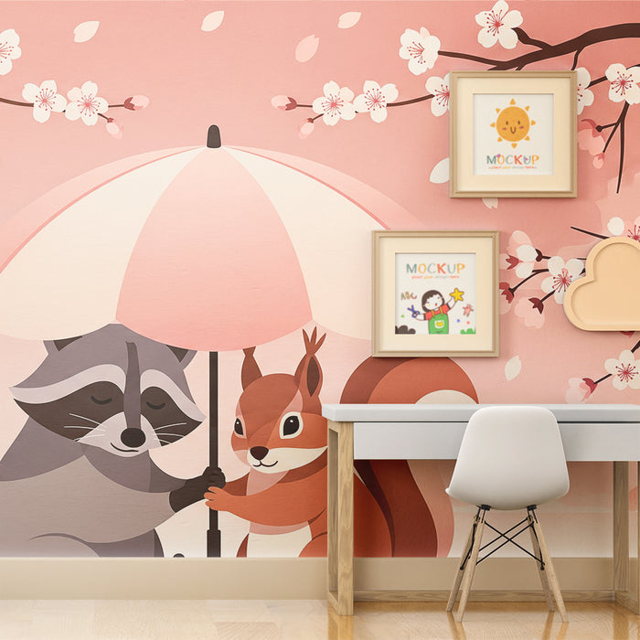 Kinderzimmer Tapete | Waschbär und Eichhörnchen unter einem blumigen Regenschirm
