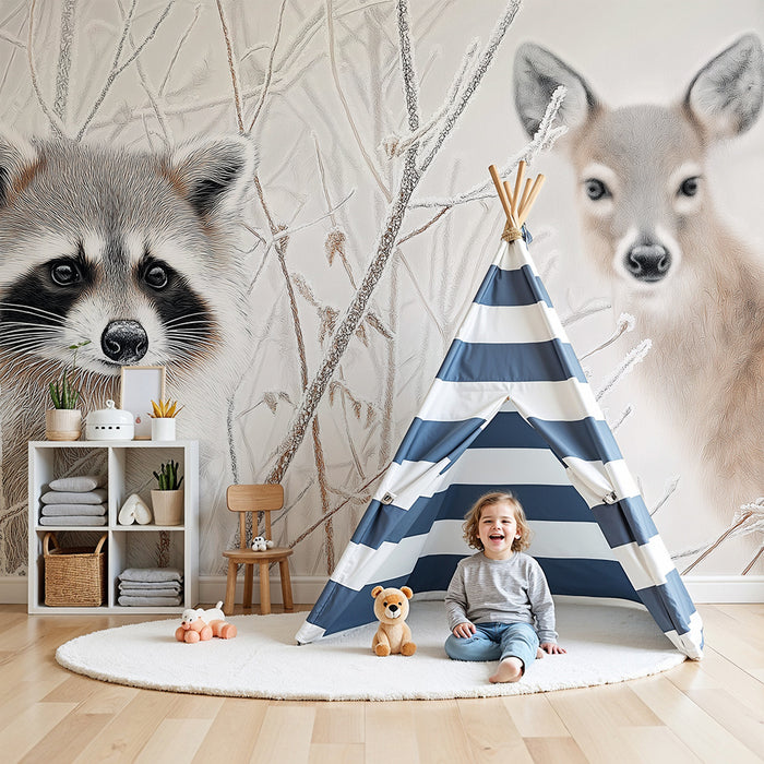 Carta da parati bambini | Procione e fauna invernale in un paesaggio innevato