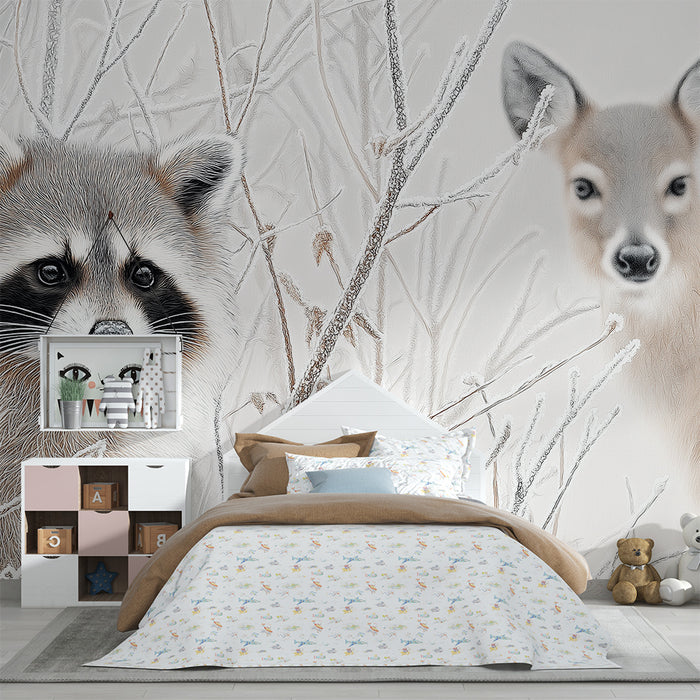 Carta da parati bambini | Procione e fauna invernale in un paesaggio innevato