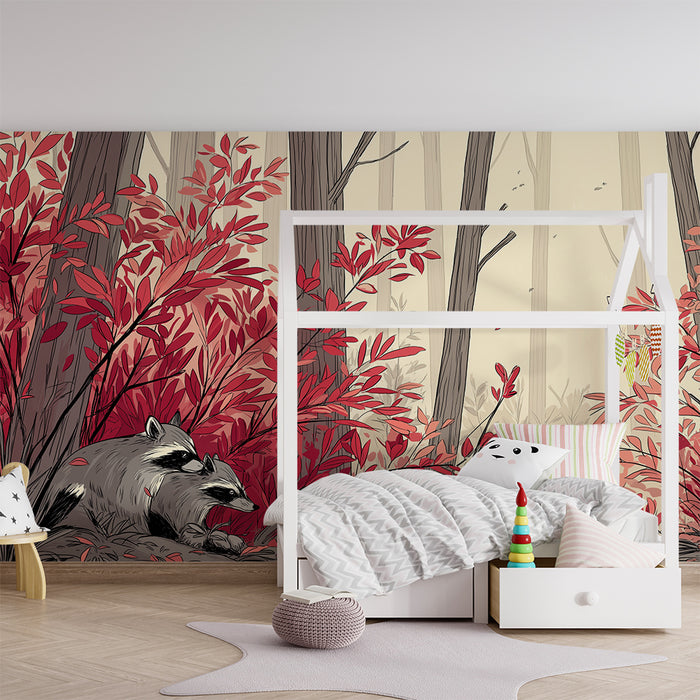 Papier peint chambre enfant | Raton laveur et feuillage automnal dans la forêt