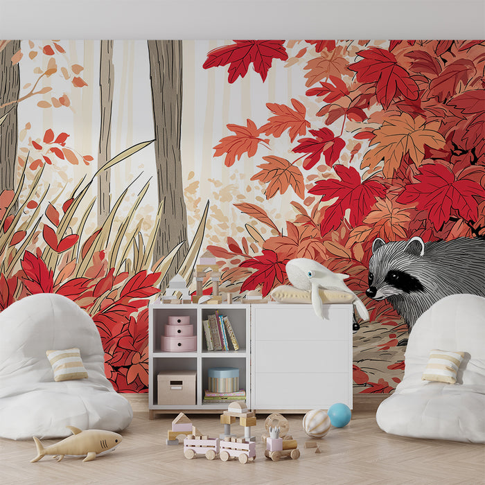 Papier peint chambre enfant | Raton laveur et feuillage automnal en rouge et orange