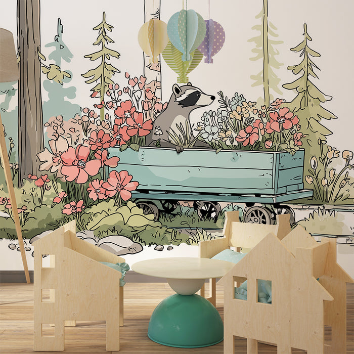 Børneværelse tapet | Vaskebjørn og blomster i en trævogn