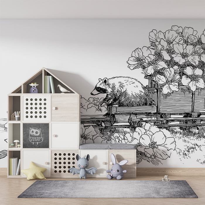 Barnetapet med vaskebjørn og blomster i naturmotiv