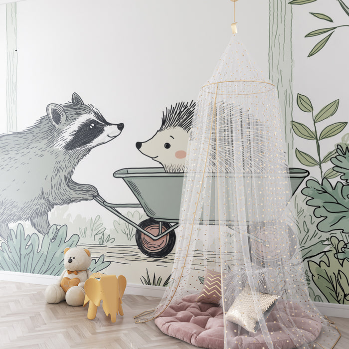 Kinderzimmer Tapete | Waschbär und Igel in einer Schubkarre im Wald