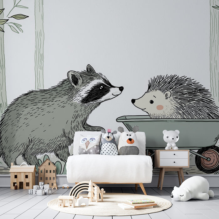 Kinderzimmer Tapete | Waschbär und Igel in einer Schubkarre im Wald