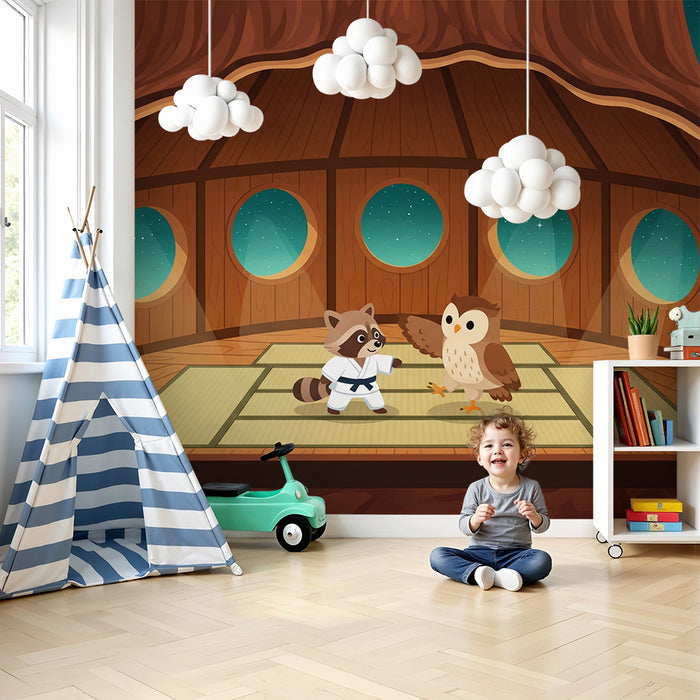 Tapet pentru camera copilului | Raton și bufniță într-un dojo sub stele
