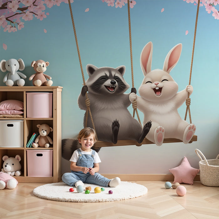 Kids room wallpaper | Happy raccoon and rabbit on a swing under the cherry blossoms
