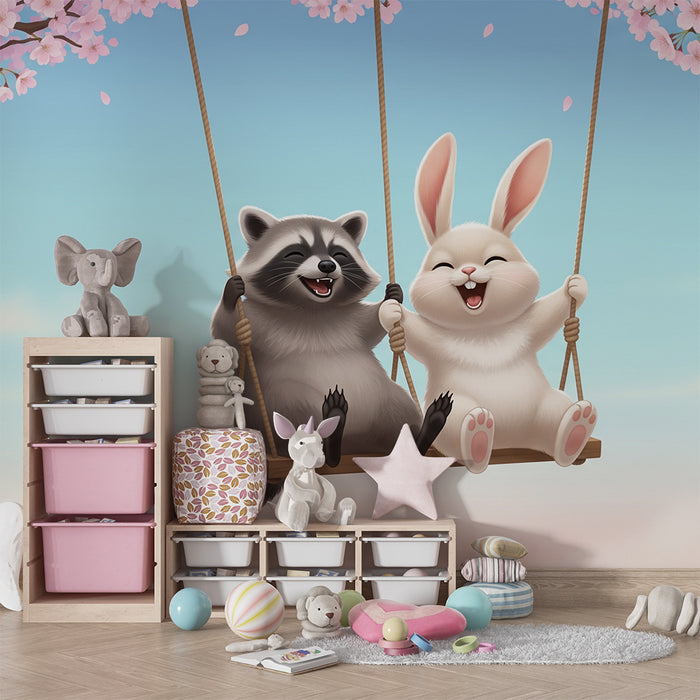 Kids room wallpaper | Happy raccoon and rabbit on a swing under the cherry blossoms