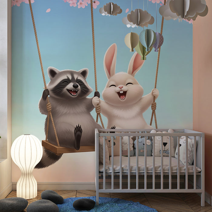 Kids room wallpaper | Happy raccoon and rabbit on a swing under the cherry blossoms