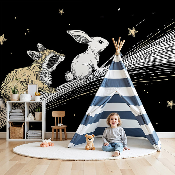 Papel pintado infantil | Mapache y conejo bajo las estrellas