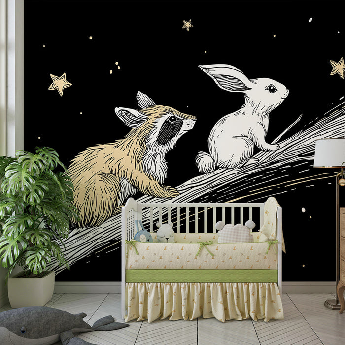 Papel pintado infantil | Mapache y conejo bajo las estrellas
