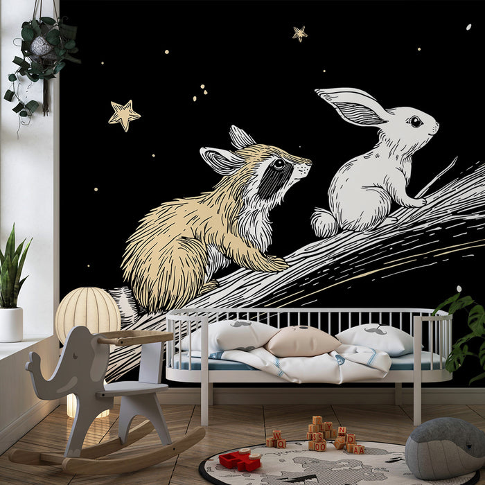 Papel pintado infantil | Mapache y conejo bajo las estrellas
