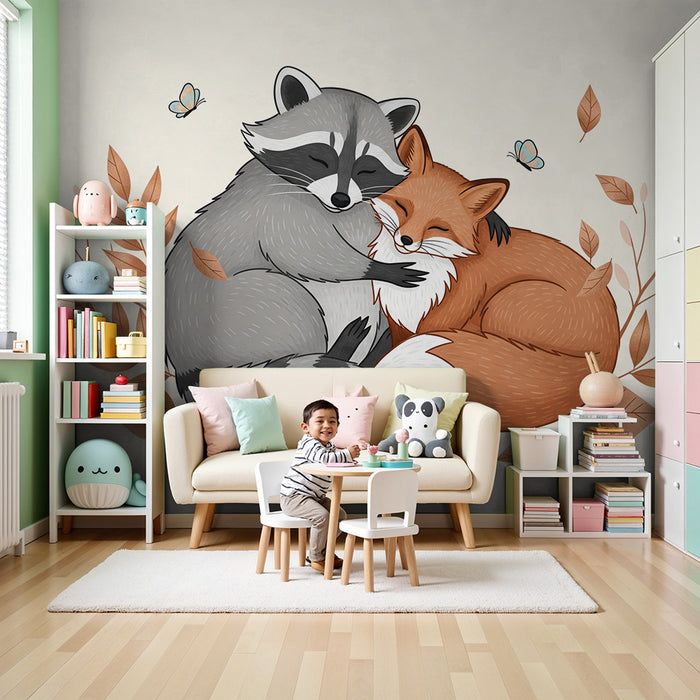 Kinderkamer behang | Wasbeer en vos knuffelen in een herfstachtige setting
