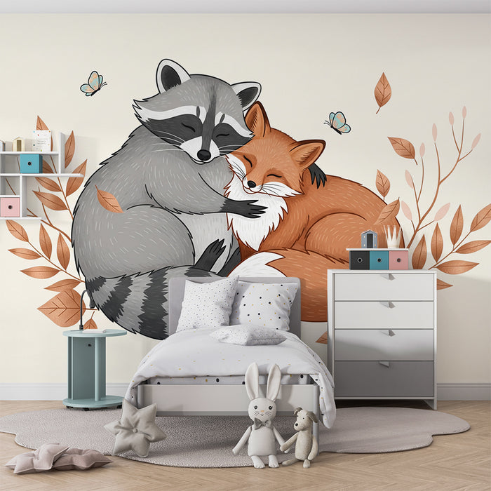 Kinderkamer behang | Wasbeer en vos knuffelen in een herfstachtige setting