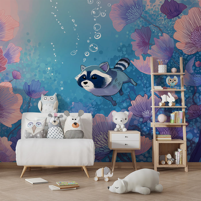 Papel de parede criança | Ratão lavador explorador no meio das flores aquáticas