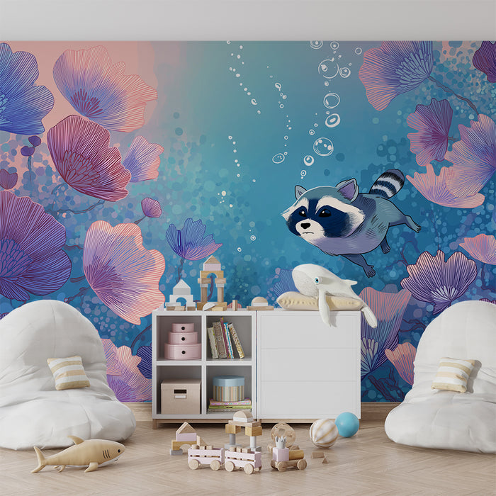 Papel de parede criança | Ratão lavador explorador no meio das flores aquáticas