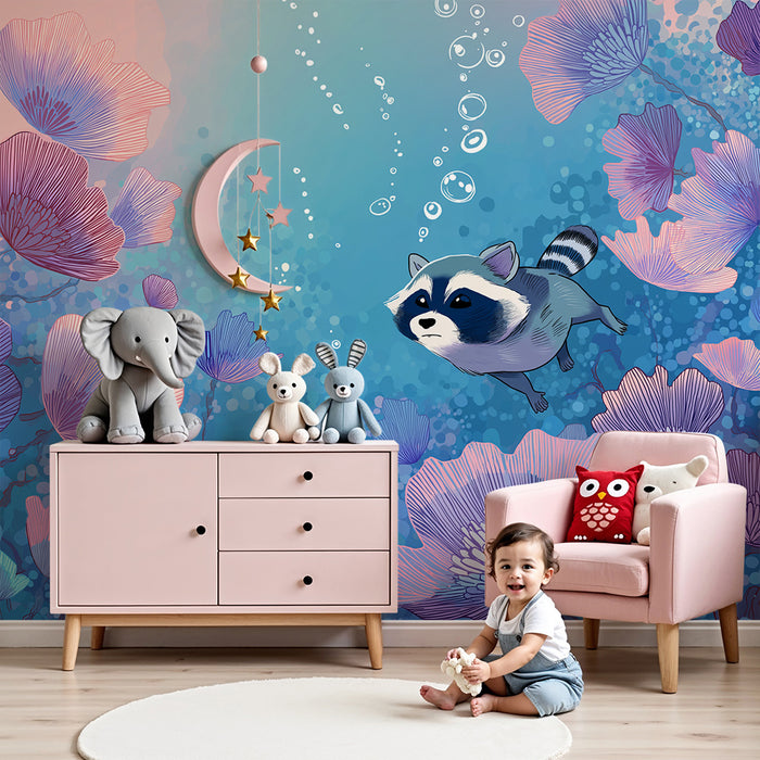 Papel pintado infantil | Mapache explorador entre flores submarinas