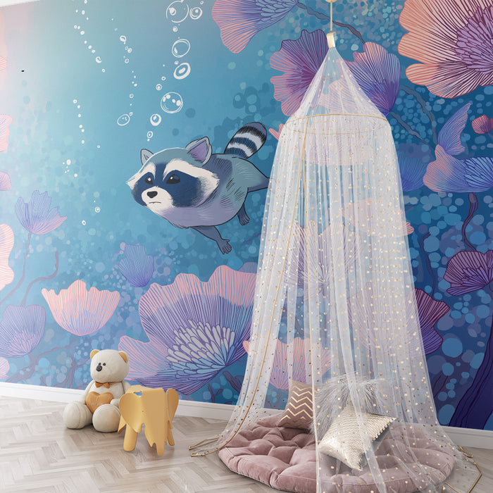 Papel pintado infantil | Mapache explorador entre flores submarinas