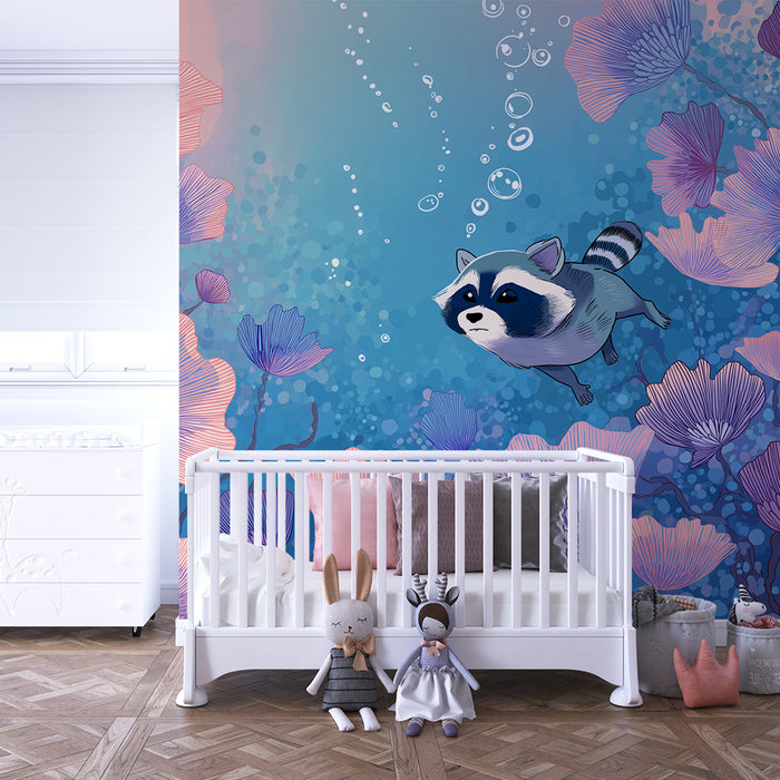 Papel pintado infantil | Mapache explorador entre flores submarinas