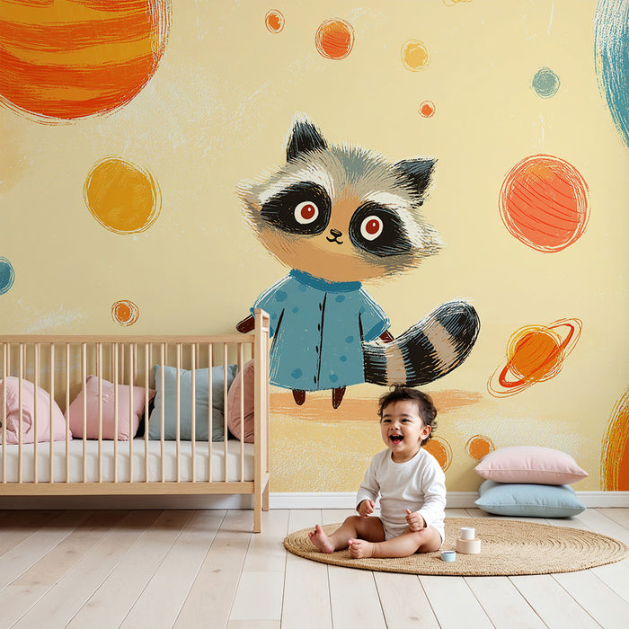 Kinderzimmer Tapete | Waschbär Entdecker im bunten Weltraum