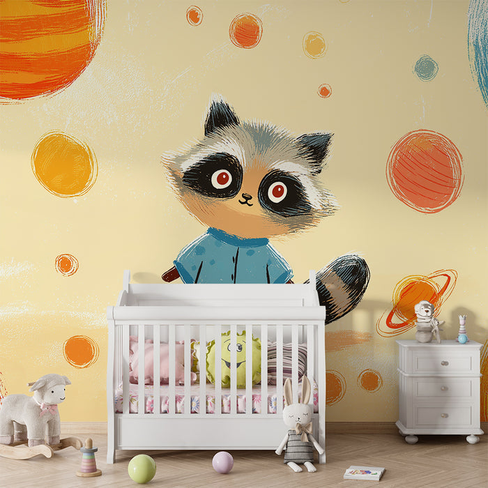 Kinderzimmer Tapete | Waschbär Entdecker im bunten Weltraum