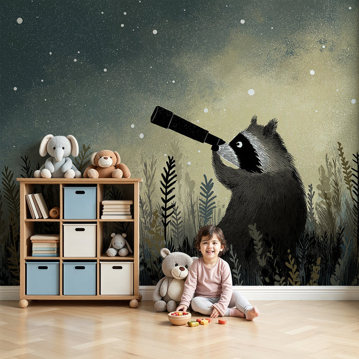 Papel pintado infantil | Mapache explorador bajo un cielo estrellado