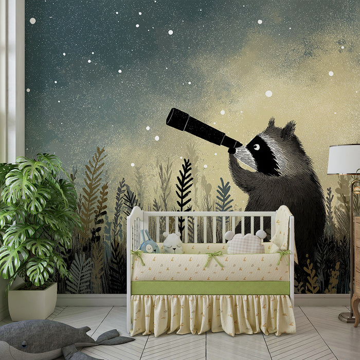 Papel pintado infantil | Mapache explorador bajo un cielo estrellado