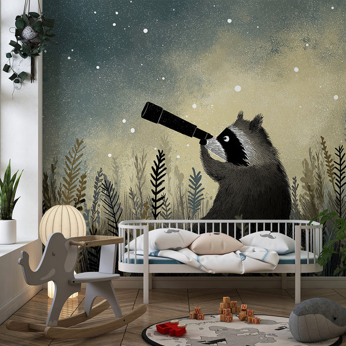 Papel pintado infantil | Mapache explorador bajo un cielo estrellado