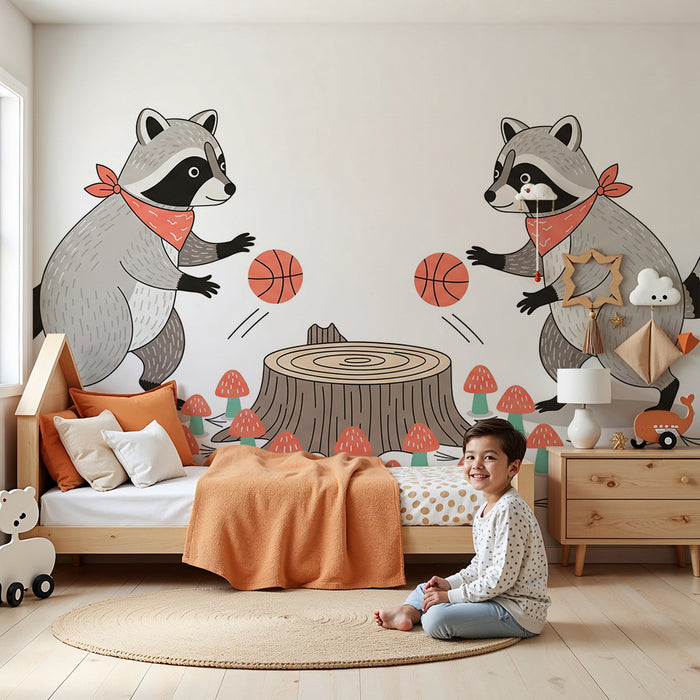 Papier peint chambre enfant | Raton laveur joueur de basket au milieu des champignons
