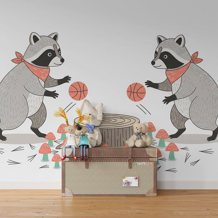 Papier peint chambre enfant | Raton laveur joueur de basket au milieu des champignons