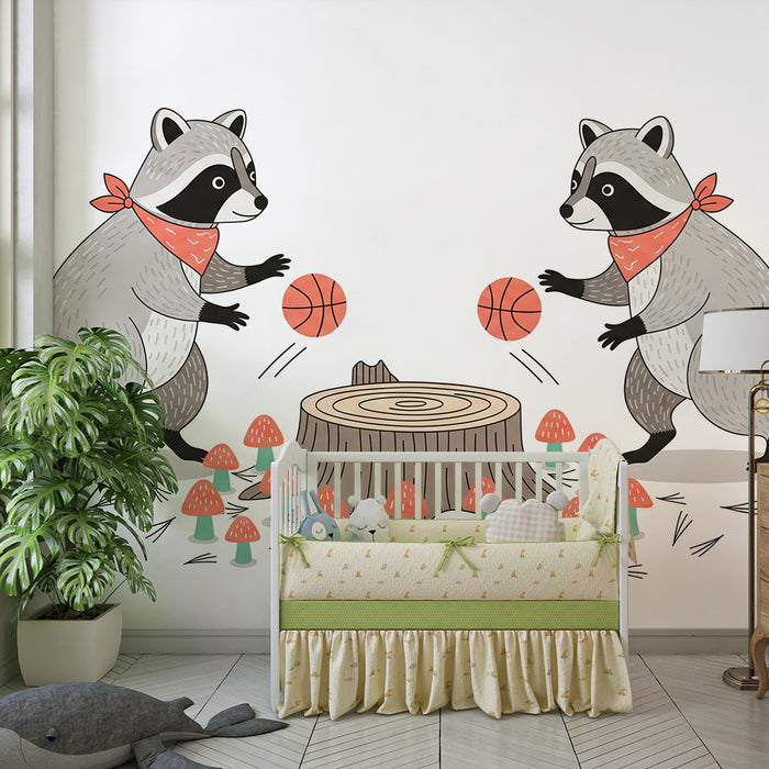 Papier peint chambre enfant | Raton laveur joueur de basket au milieu des champignons