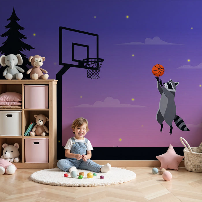 Barnrumstapet | Basketspelande tvättbjörn under stjärnhimmel