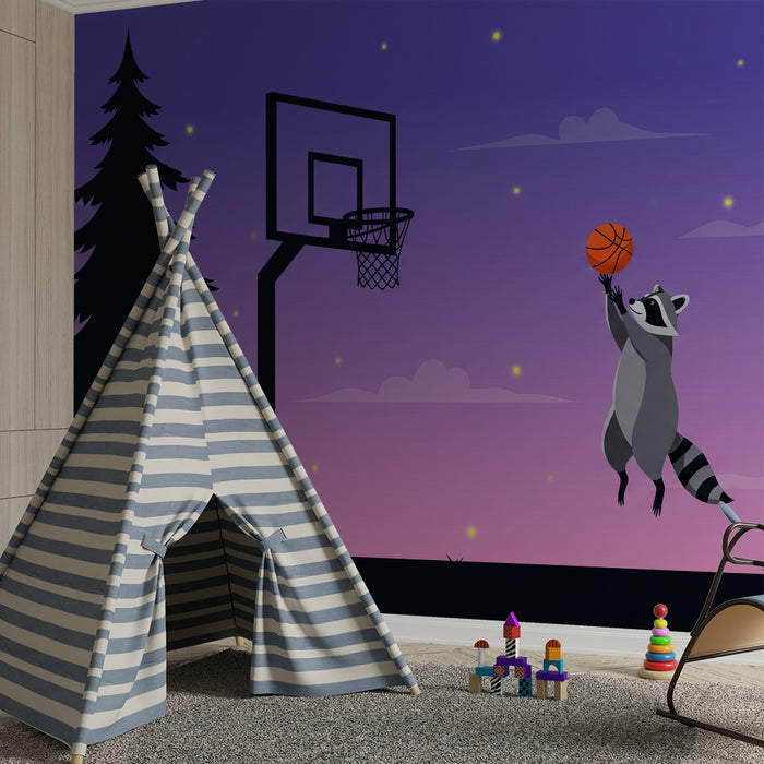 Barnrumstapet | Basketspelande tvättbjörn under stjärnhimmel