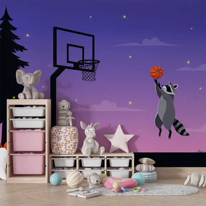 Barnrumstapet | Basketspelande tvättbjörn under stjärnhimmel