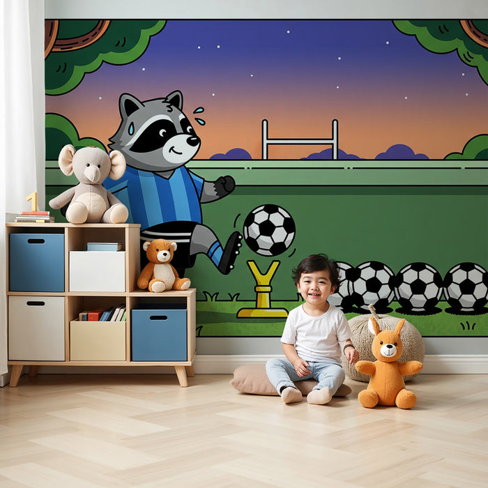 Behang kinderkamer | Voetballende wasbeer op zonnig veld