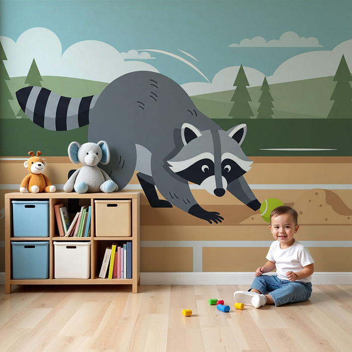 Kids' Room Wallpaper | Tennis-Playing Raccoon on an Outdoor Court