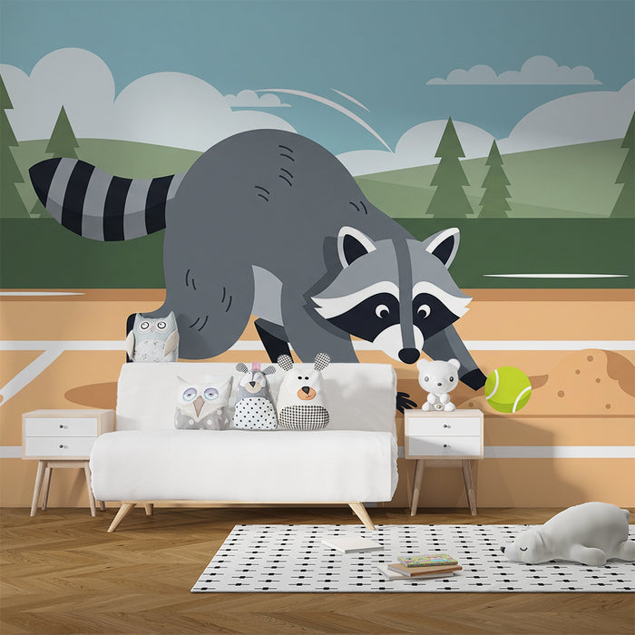 Kids' Room Wallpaper | Tennis-Playing Raccoon on an Outdoor Court