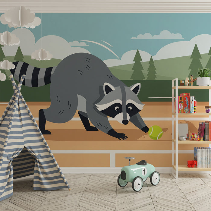 Kids' Room Wallpaper | Tennis-Playing Raccoon on an Outdoor Court