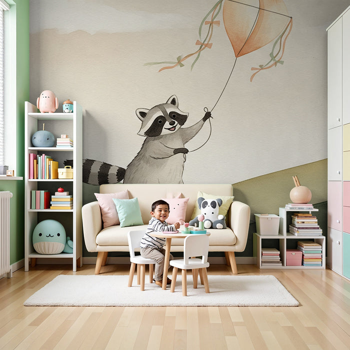 Papier peint chambre enfant | Raton laveur joyeux avec son cerf-volant