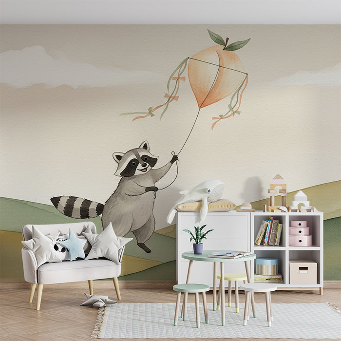 Papier peint chambre enfant | Raton laveur joyeux avec son cerf-volant