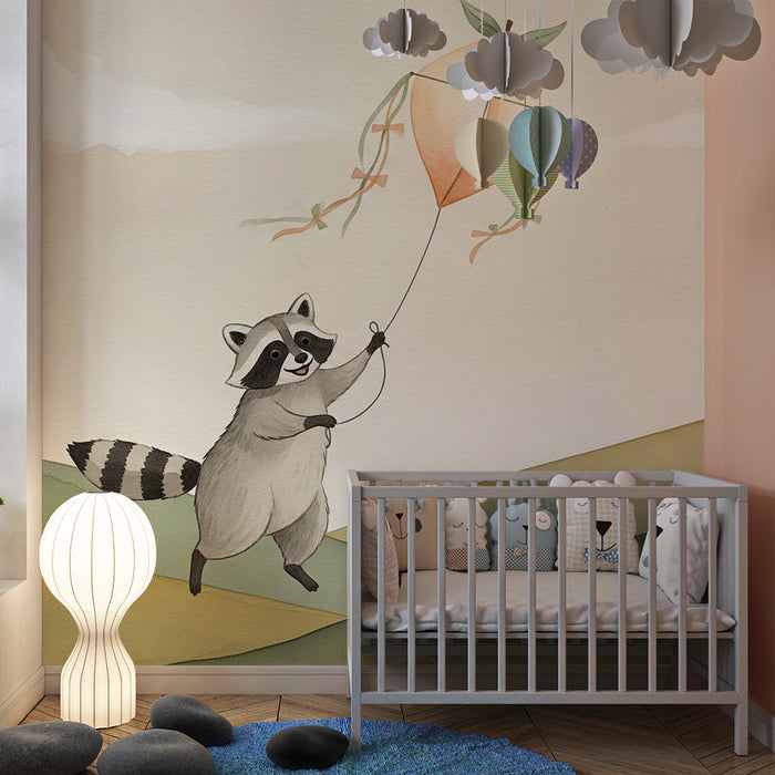 Papier peint chambre enfant | Raton laveur joyeux avec son cerf-volant