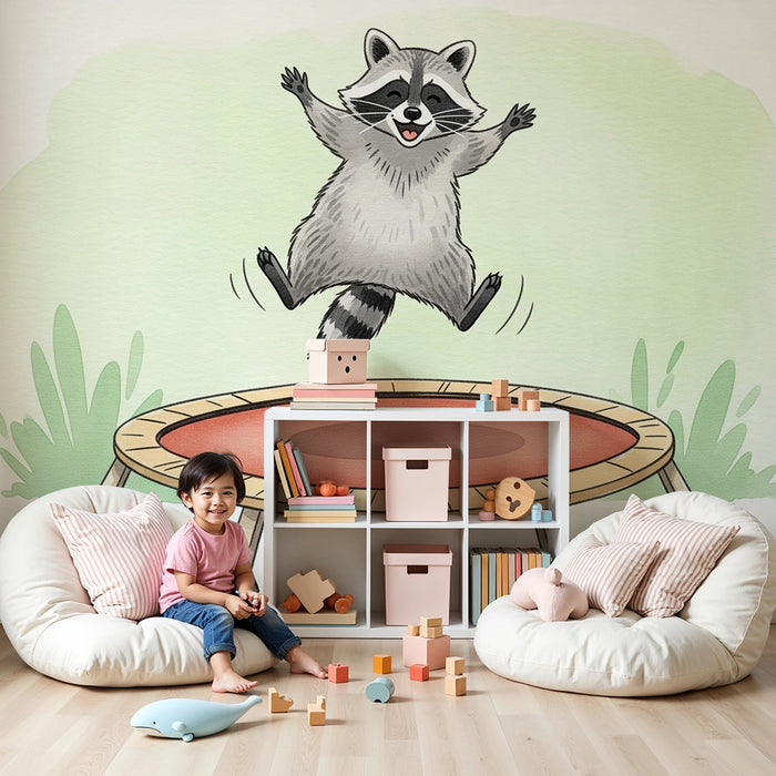 Børneværelse tapet | Glade vaskebjørn på trampolin