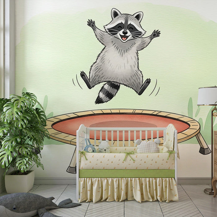 Børneværelse tapet | Glade vaskebjørn på trampolin