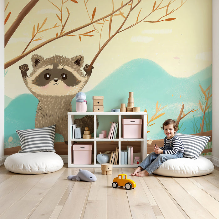 Papier peint chambre enfant | Raton laveur joyeux sur une branche avec un paysage doux