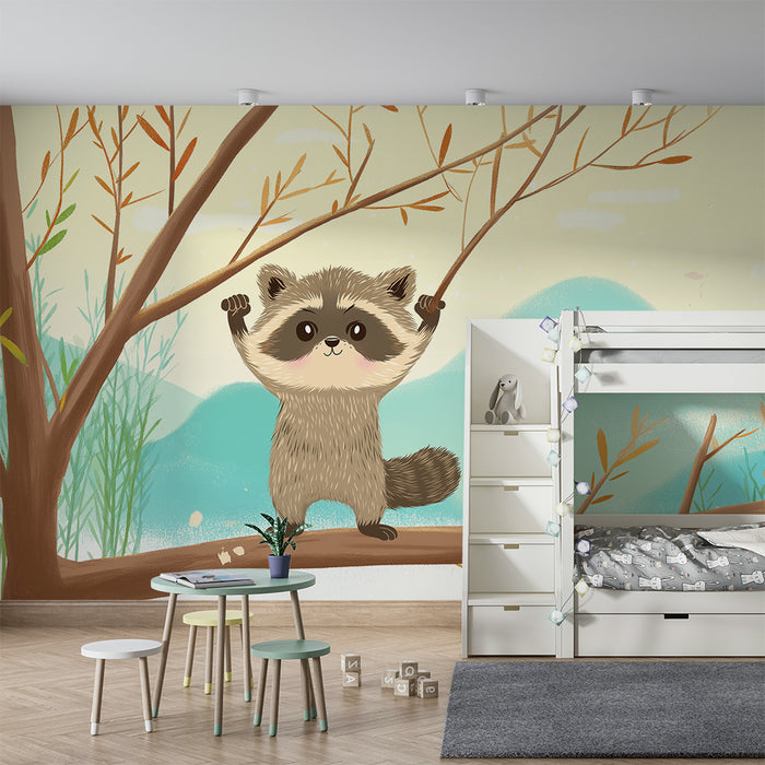 Papier peint chambre enfant | Raton laveur joyeux sur une branche avec un paysage doux