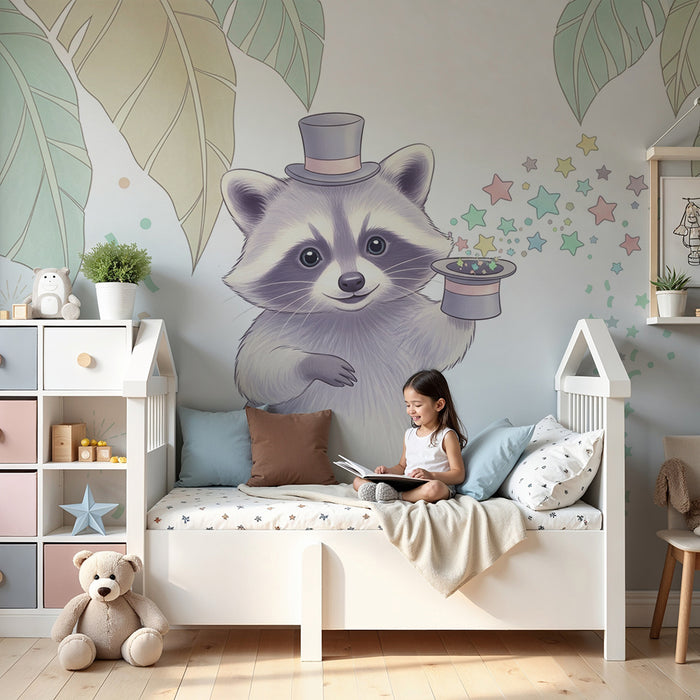 Papier peint chambre enfant | Raton laveur magicien avec étoiles et feuillage tropical