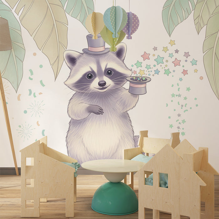 Papier peint chambre enfant | Raton laveur magicien avec étoiles et feuillage tropical